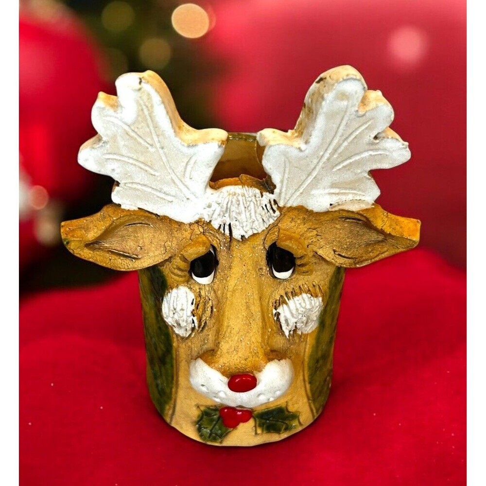 Vtg Hindt Clay Pottery Deer Rudolph Reindeer Art Signed Candle Holiday Christmas